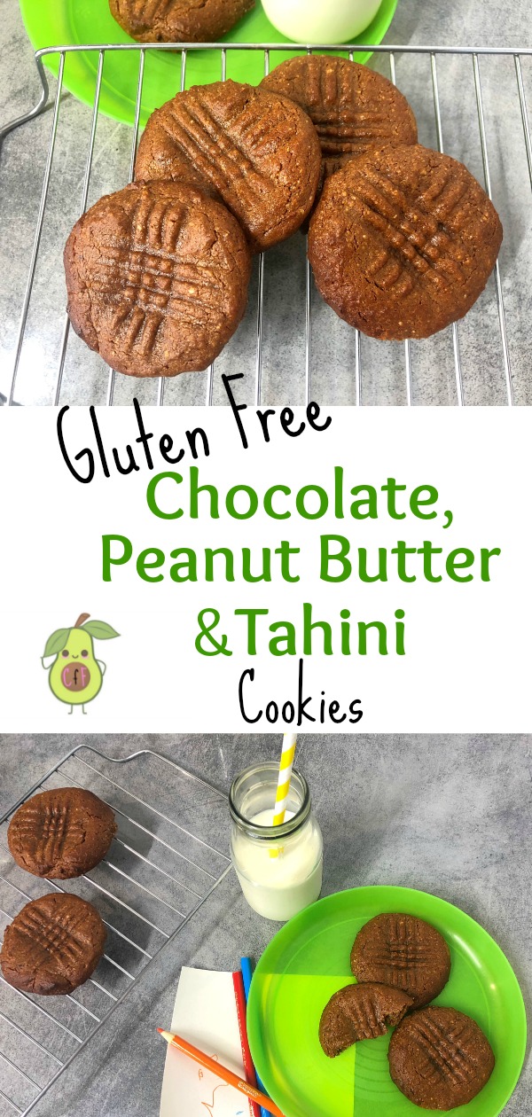 Gluten Free; Chocolate, Peanut Butter and Tahini Cookies. A perfect snack to add to the nappy bag on days out with the kiddos.