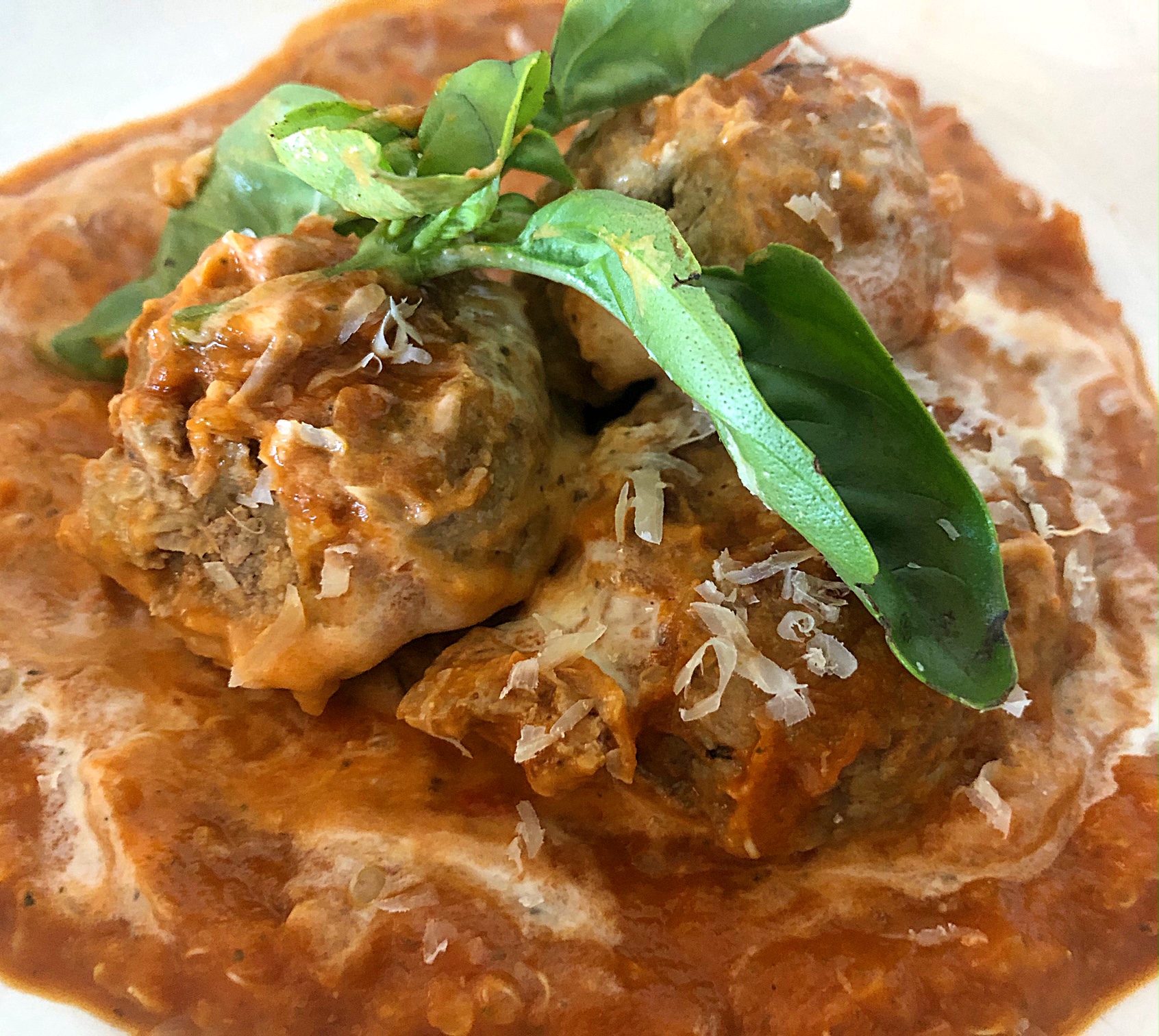 Gluten Free, Cheesy Beef Meatballs with Tomato and Veggie Sauce.
