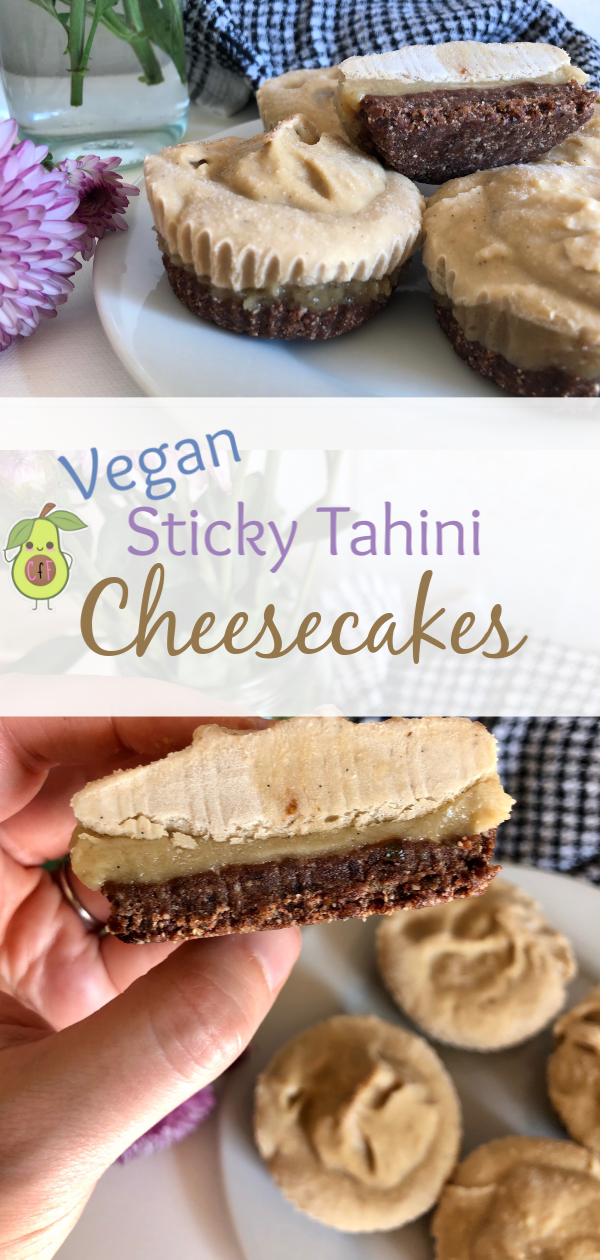 No bake, Vegan Sticky Tahini Cheesecakes! The layers are so delicious, you're going to want to make a double batch!